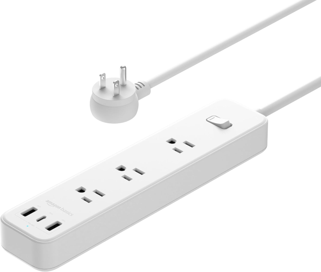 Amazon Basics Rectangular Power Strip with USB Ports, Multi Extension Cord, 3 Outlets, 1 USB-C 2 USB-A, 5 ft, White
