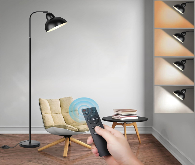 Feathmoo Black Floor Lamp, Metal Shade Floor Reading Lamp for Living Room, Modern Standing Lamps for Bedroom, Industrial LED Floor Lamp with Remote, 4 CCT Dimmable Stand Up Light Tall Sofa Lamp