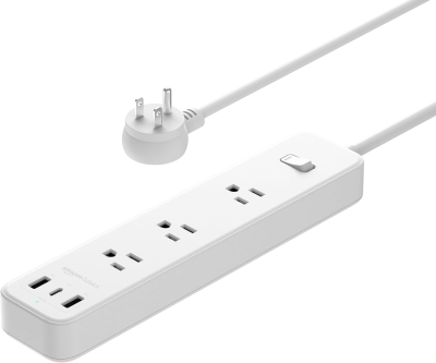 Amazon Basics Rectangular Power Strip with USB Ports, Multi Extension Cord, 3 Outlets, 1 USB-C 2 USB-A, 5 ft, White